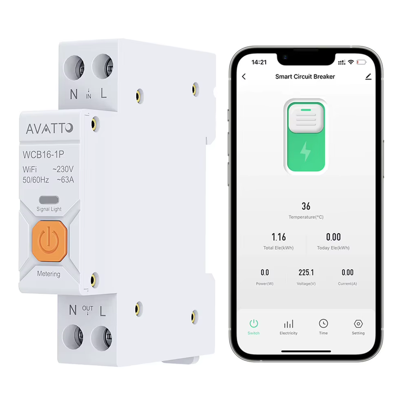 Wifi Smart Circuit Breaker Switches with Metering 1P+N 63A Home Circuit Breaker