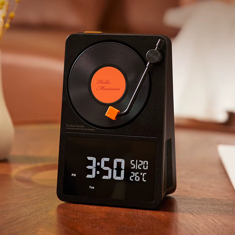 5W Bluetooth-Compatible 5.4 Speaker Vinyl Record Player HD Time/Date/Temperature