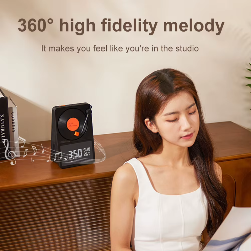 5W Bluetooth-Compatible 5.4 Speaker Vinyl Record Player HD Time/Date/Temperature